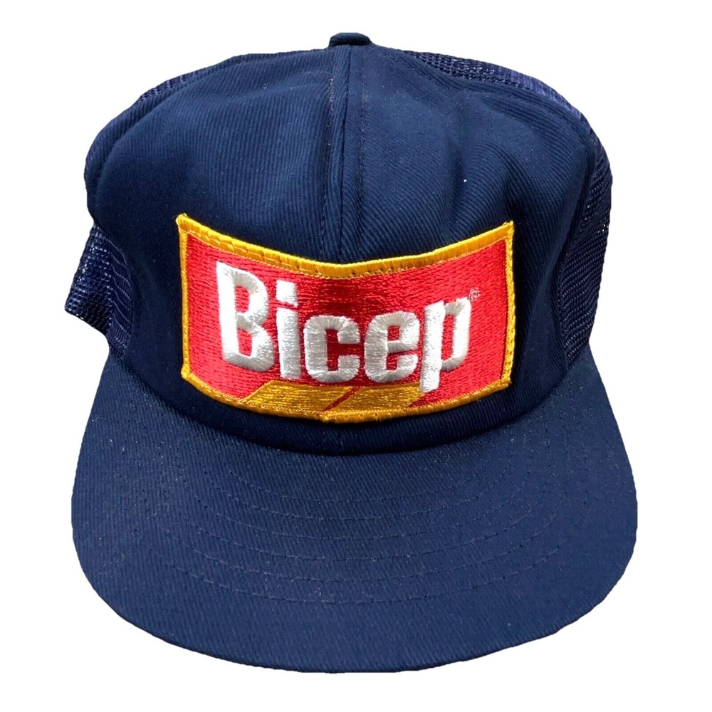 Vintage Swingster Trucker Hat CapBlue Bicep Farming Patch Farm 80s USA Snap Back